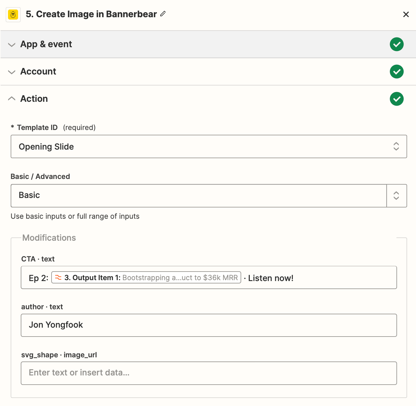 Screenshot of Zapier Bannerbear create image action