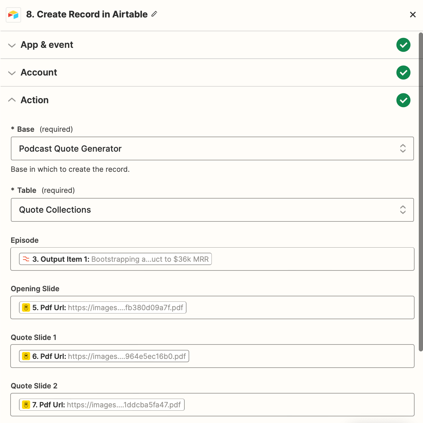 Screenshot of Zapier Airtable create record action