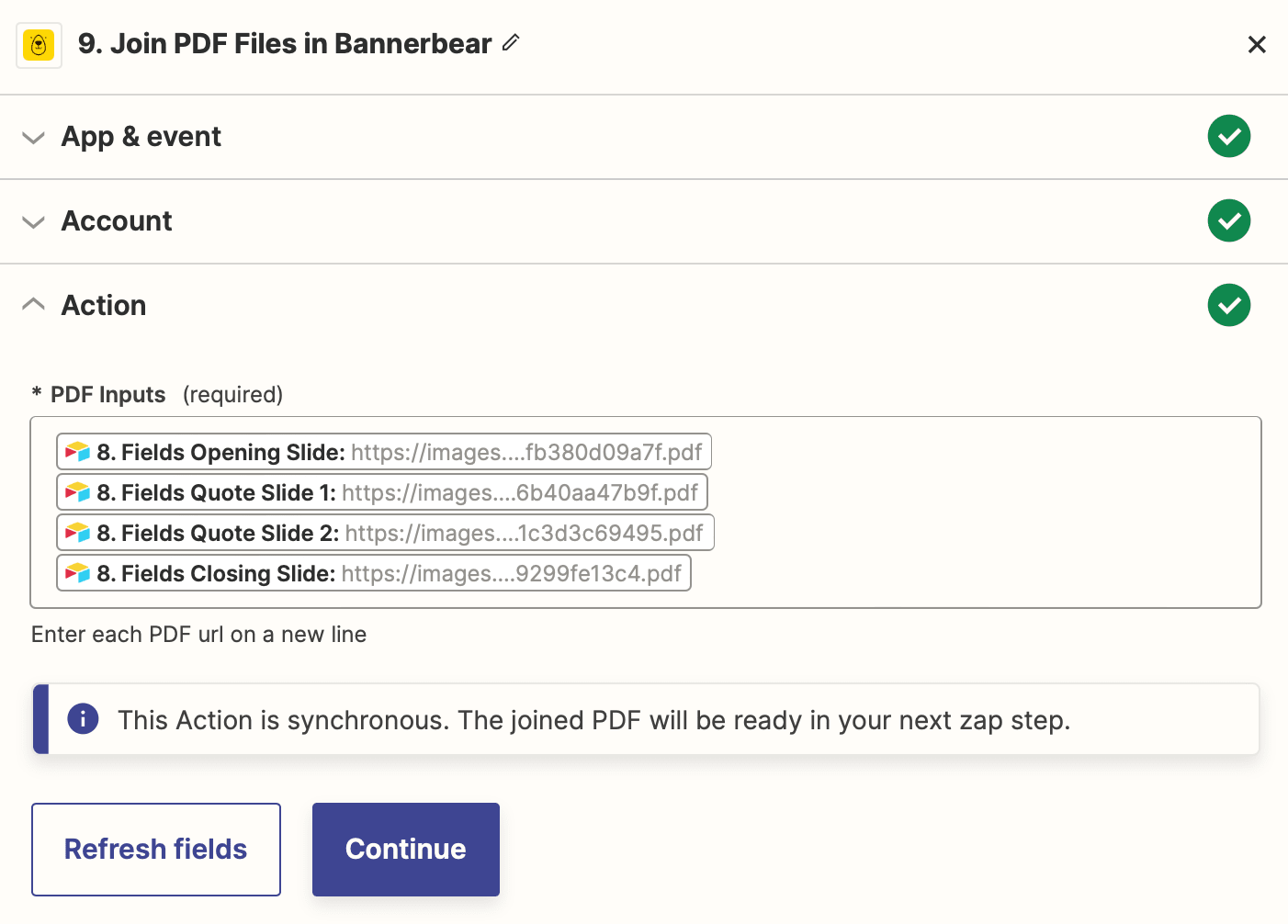 Screenshot of Zapier Bannerbear join PDF files action