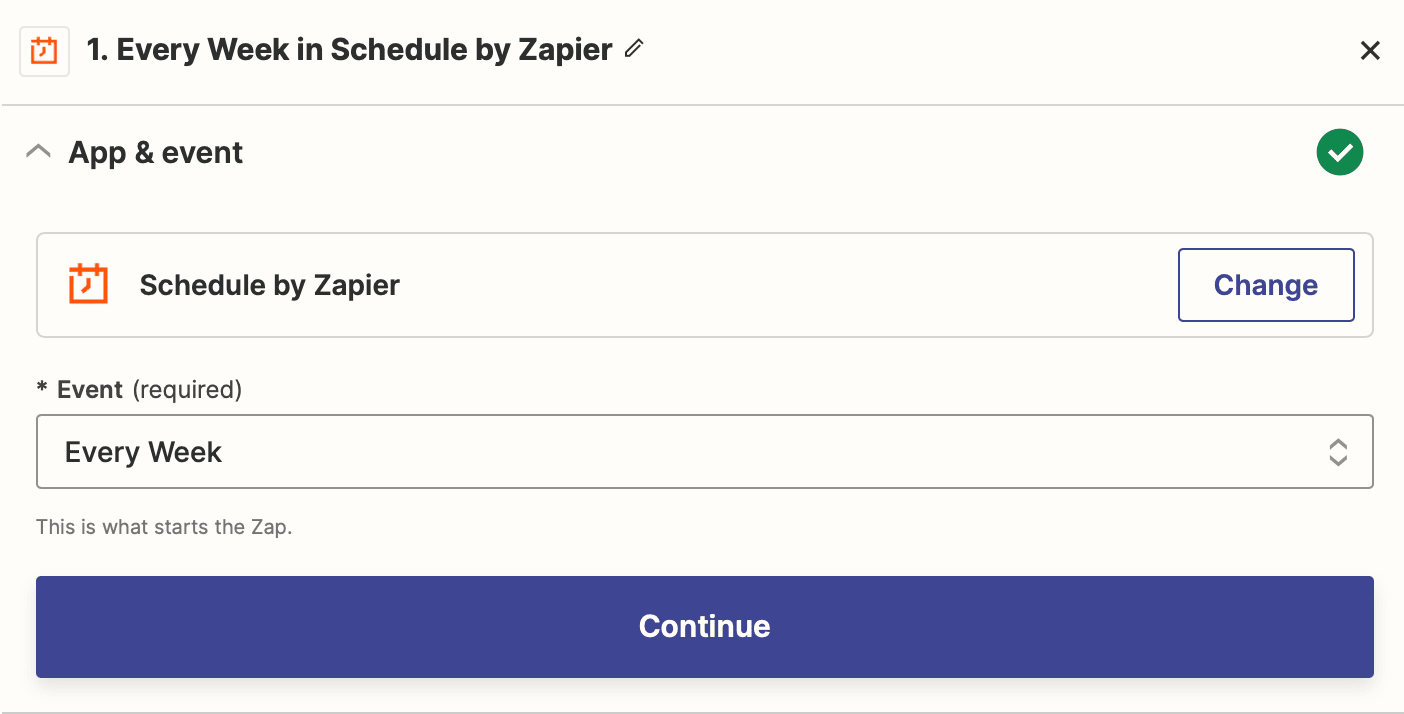 Screenshot of Zapier every week in schedule trigger