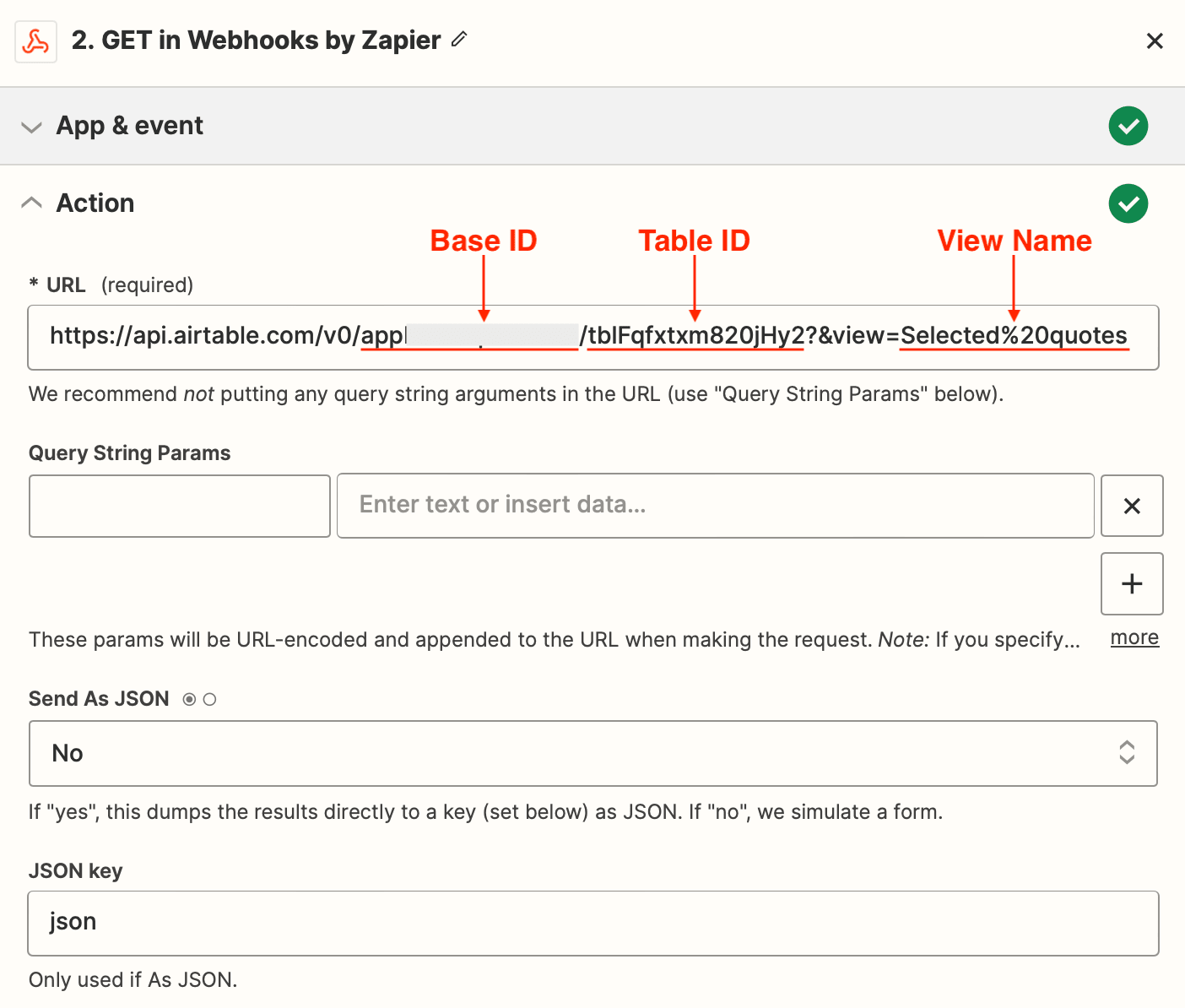 Screenshot of Zapier get in webhooks action with base ID, table ID, and view name indicated in red