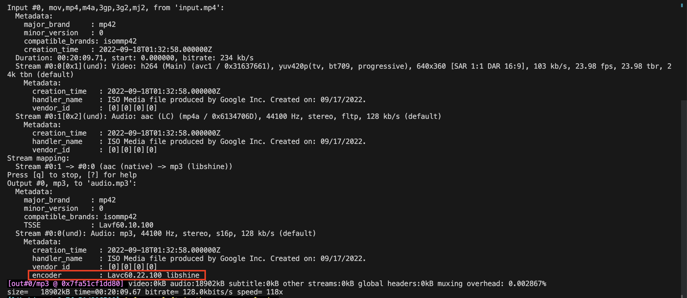 screenshot of the Terminal/Command Prompt output that shows the custom codec