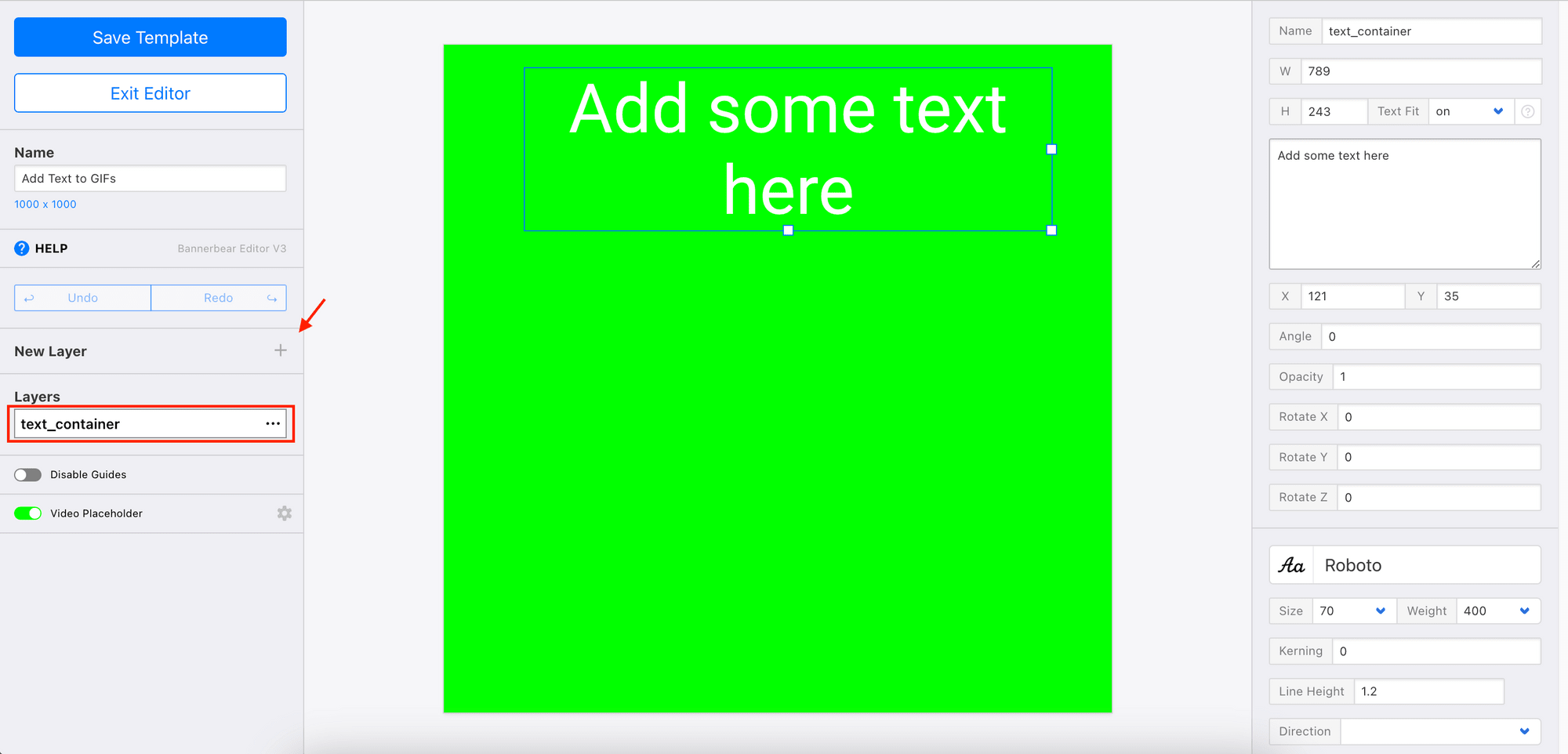 a screenshot of the template editor highlighting the text layer