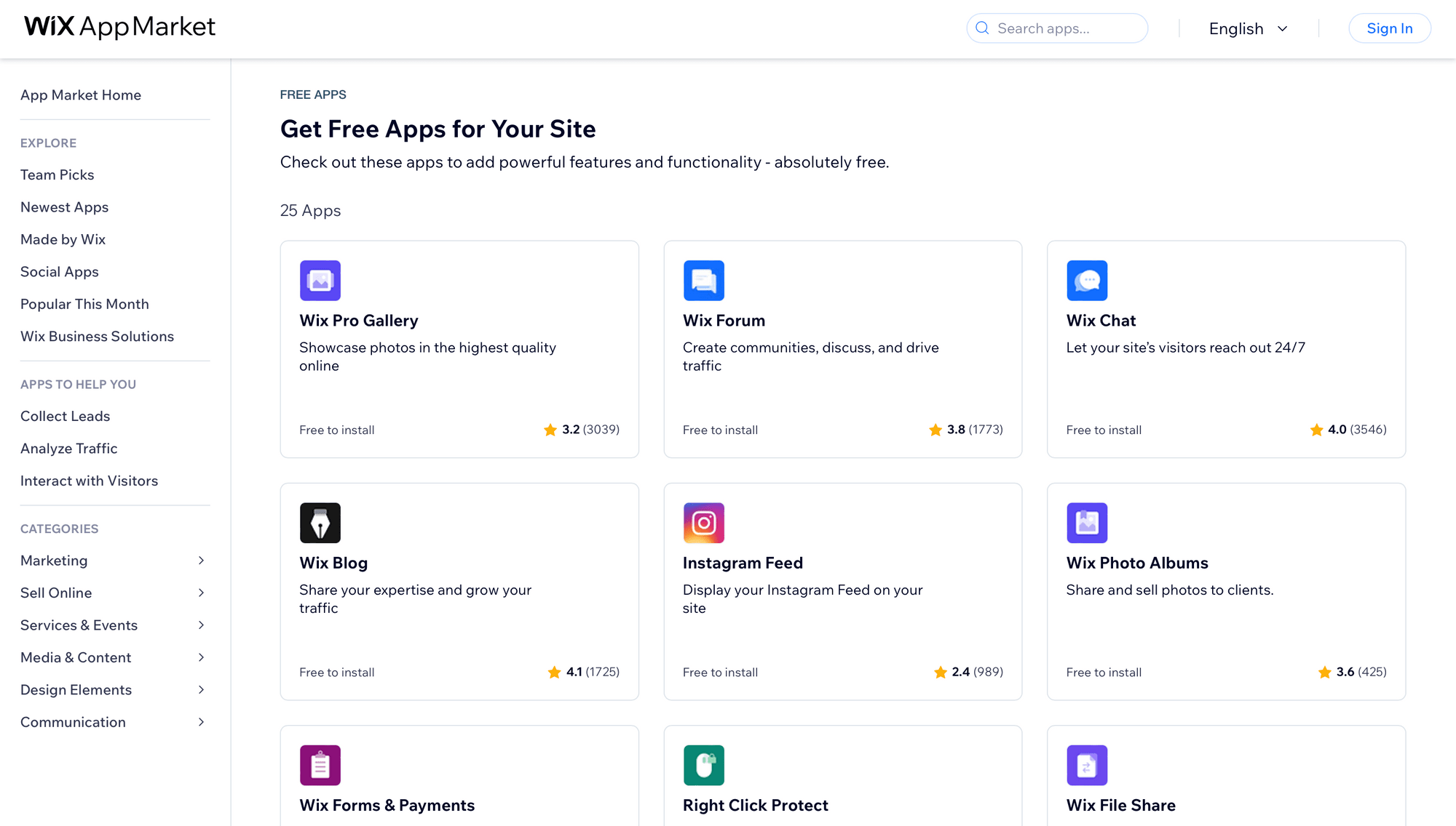 Screenshot of Wix app market