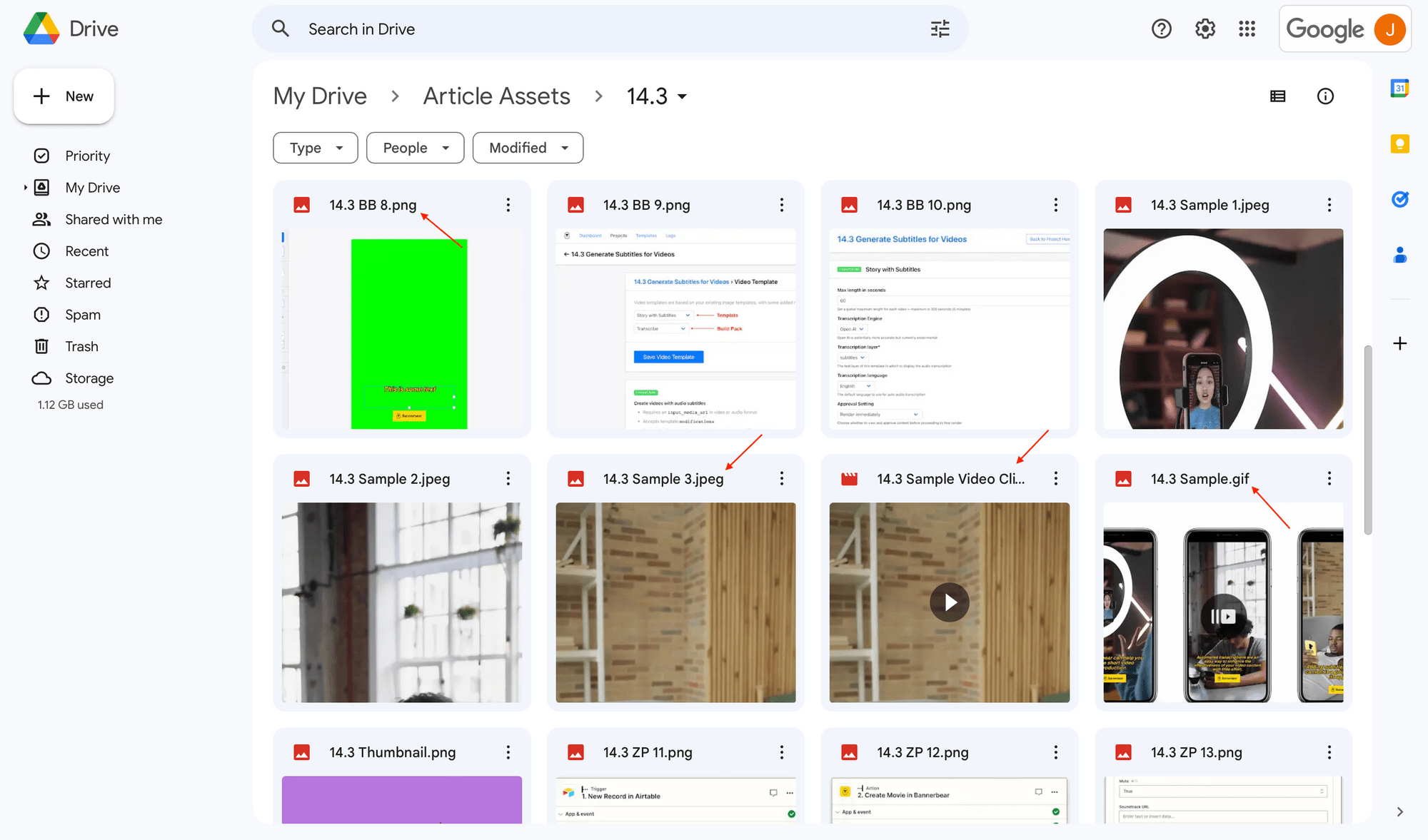 Screenshot of Google Drive folder with various image and video file types
