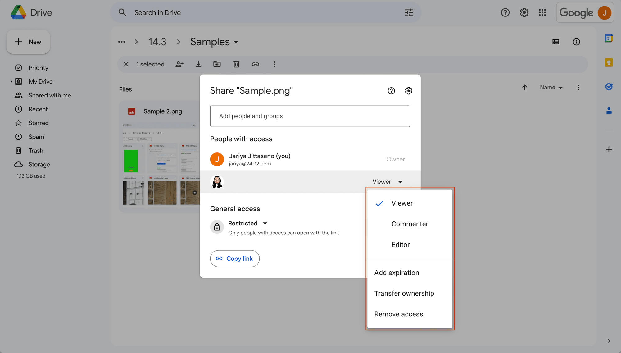 Screenshot of Google Drive file sharing options with red outline around permissions