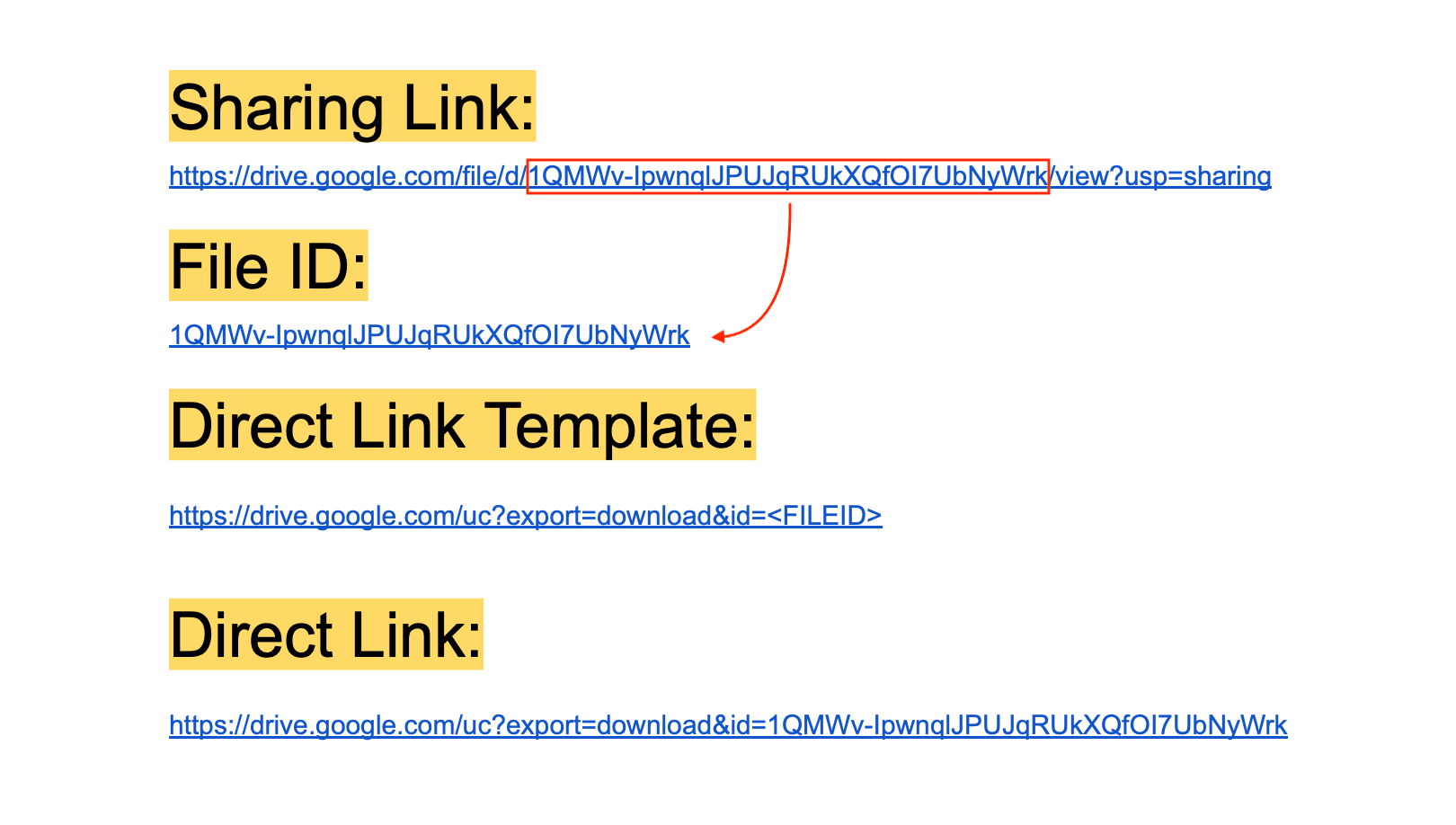 Extraction of file ID and creation of Google Drive direct link