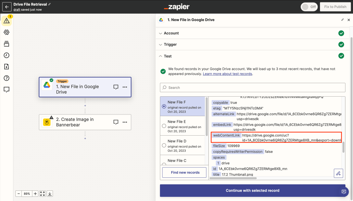 Screenshot of Zapier Editor new file in Google Drive trigger with red outline around Web Content Link
