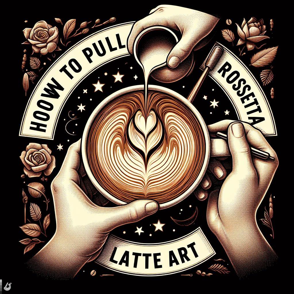 A picture of a cup of latte with a rosetta with the word 'How to Pull a Rosetta Latte Art' on the image.jpeg