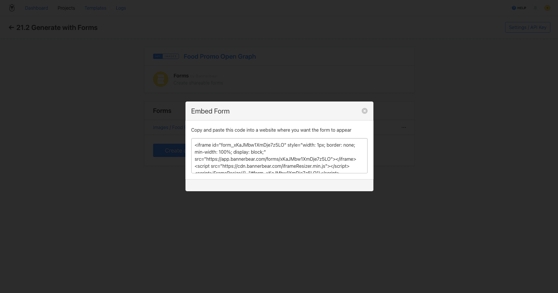 Screenshot of Bannerbear Forms embed code