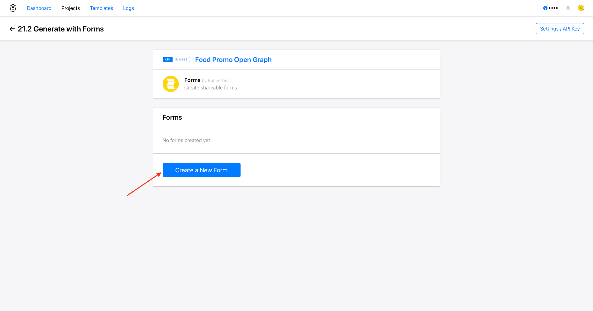 Screenshot of Bannerbear Forms page with red arrow pointing to create a new form