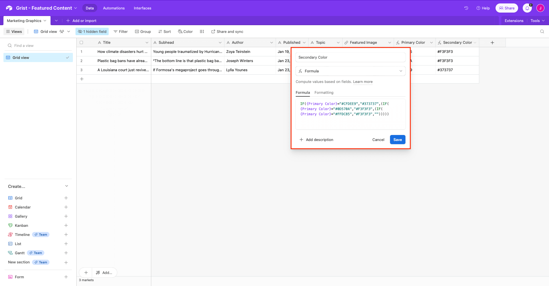 Screenshot of Airtable base with secondary color outlined in red