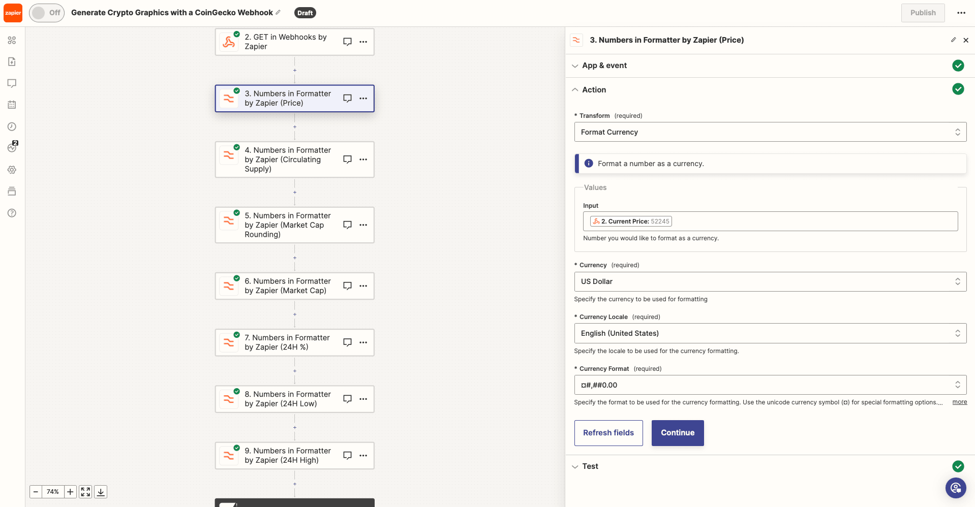 Screenshot of Zapier numbers in formatter action setup