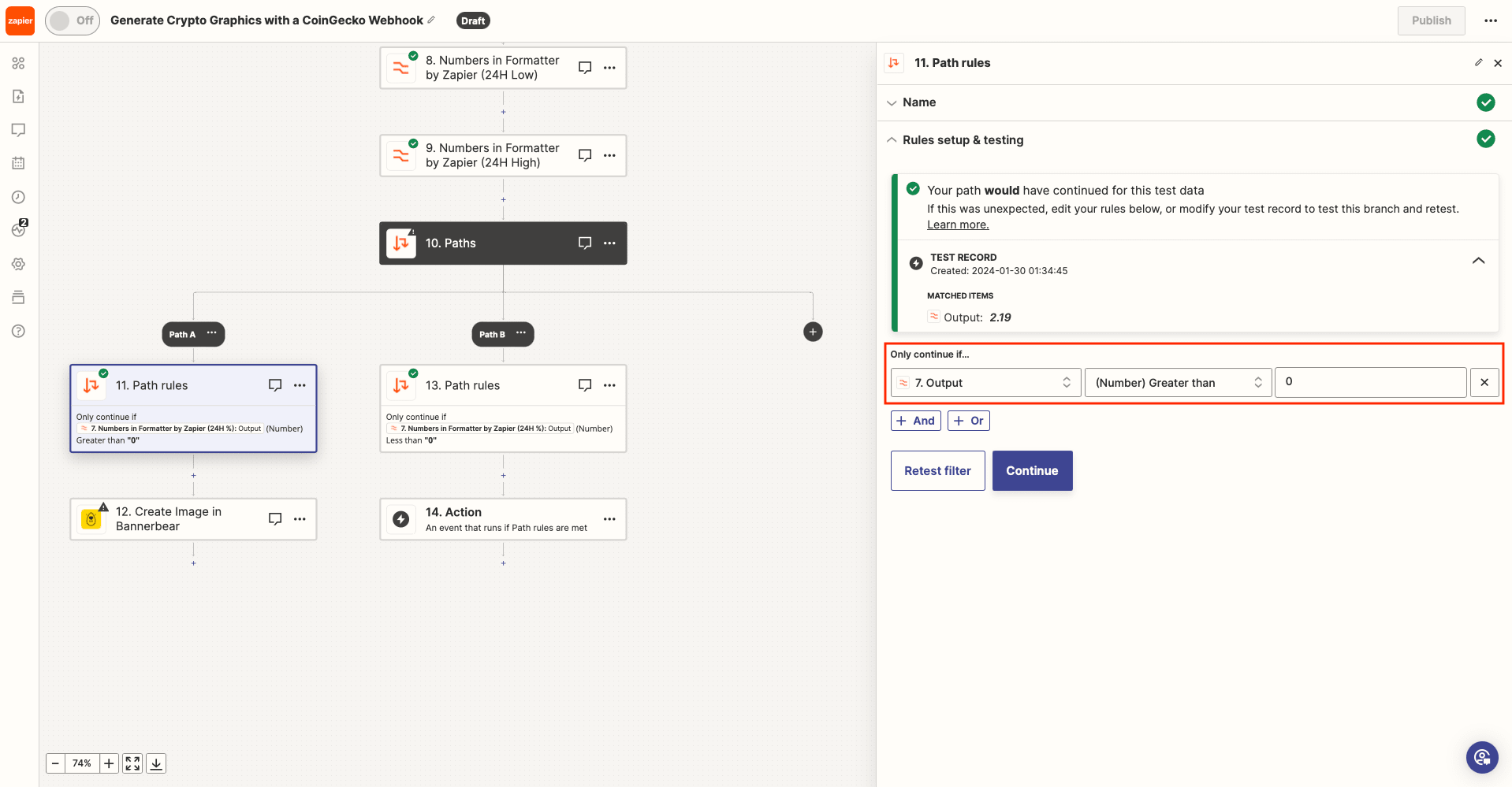 Screenshot of Zapier path A setup with rule outlined in red