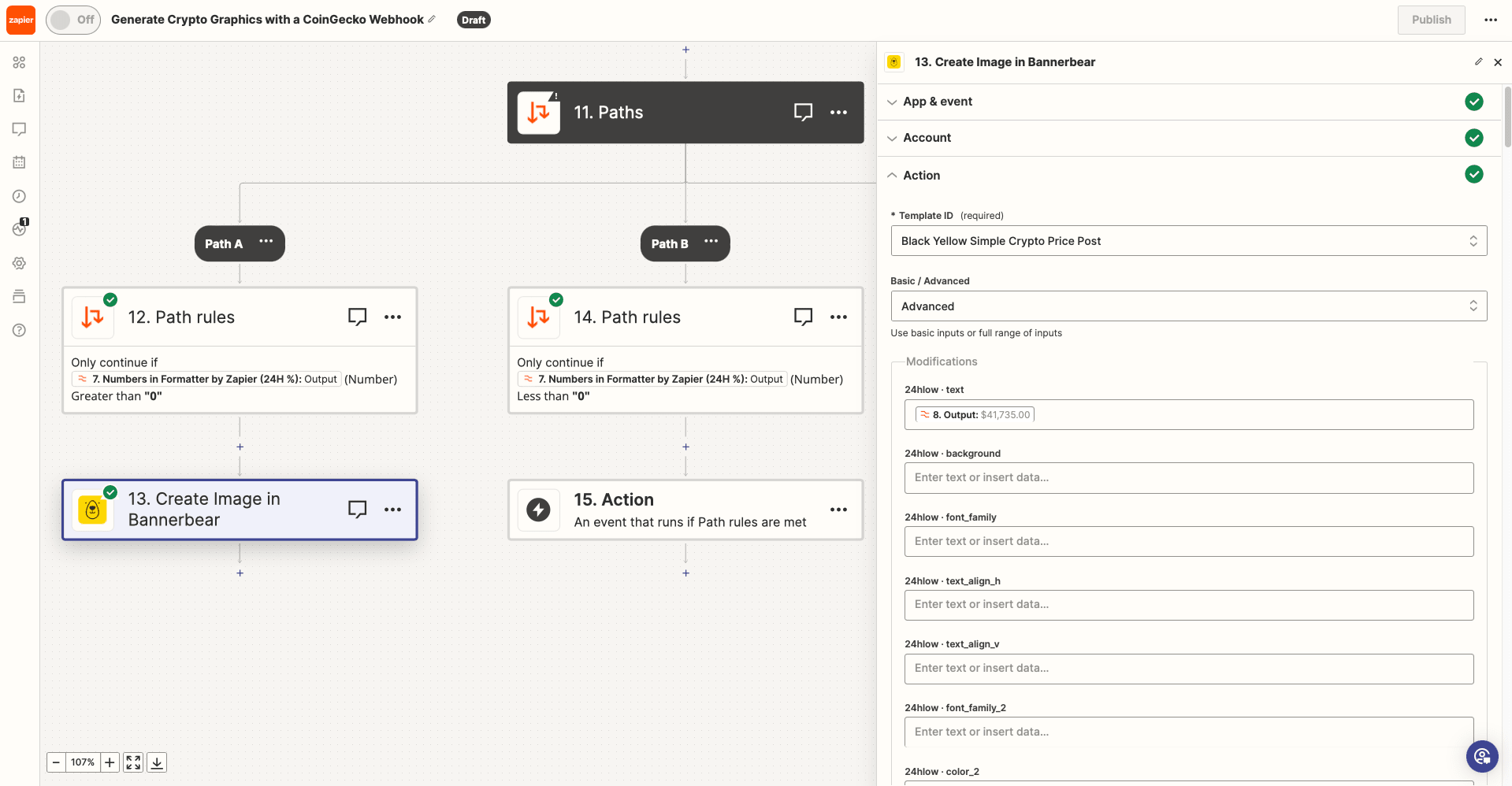 Screenshot of Zapier Bannerbear Path A create image action setup