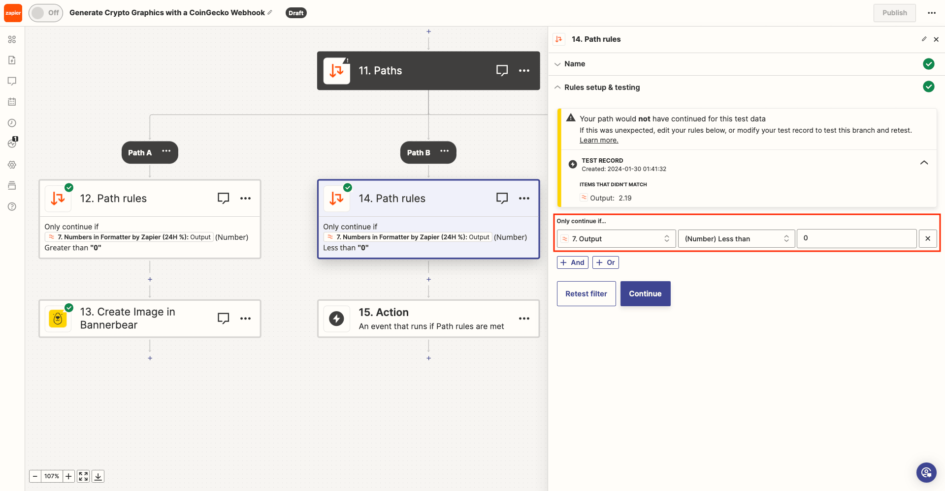 Screenshot of Zapier path B setup with rule outlined in red