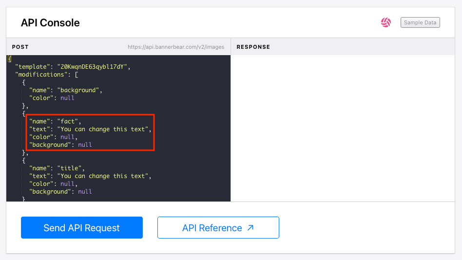 Screenshot of Bannerbear API console with modifications outlined in red