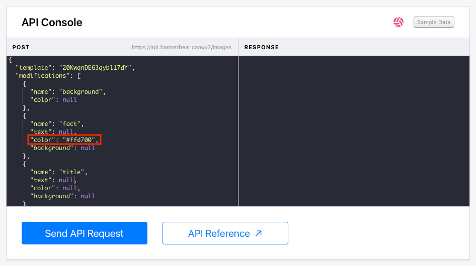 Screenshot of Bannerbear API console with color modification outlined in red