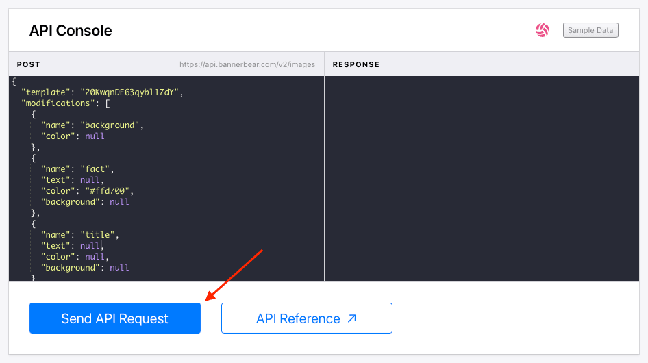 Screenshot of Bannerbear API console with red arrow pointing to send API request