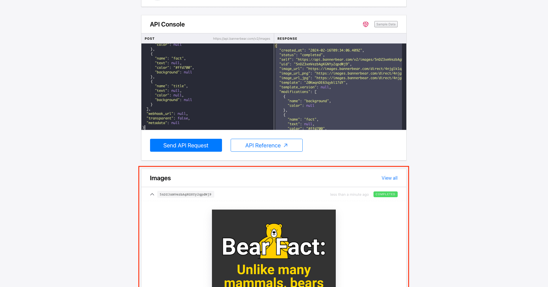 Screenshot of Bannerbear API console with red box around output