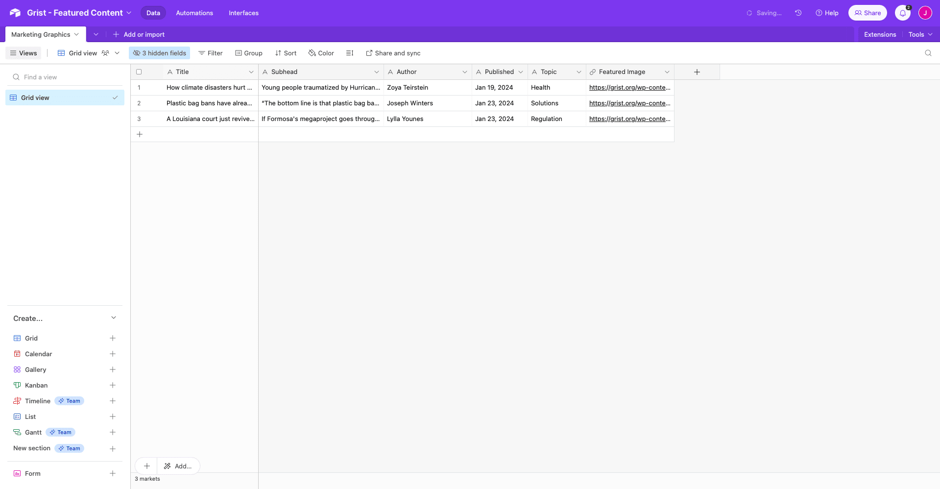 Screenshot of Airtable base with sample data