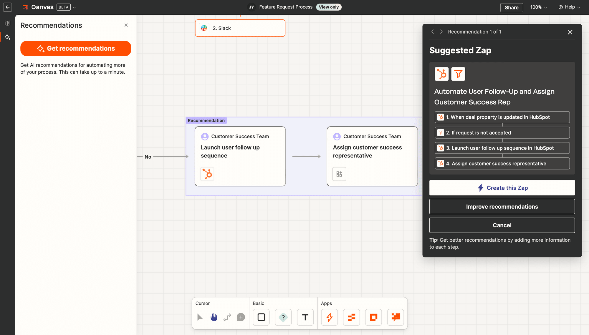 Screenshot of Zapier Canvas diagram recommendations