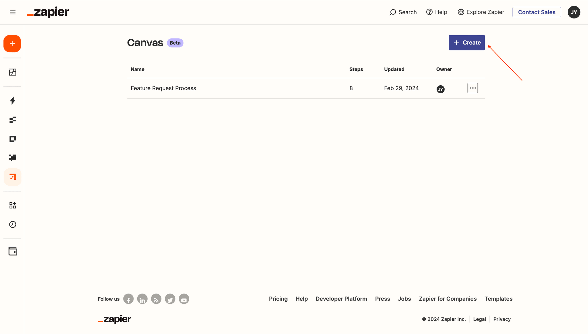 Screenshot of Zapier Canvas home page with red arrow pointing to + Create