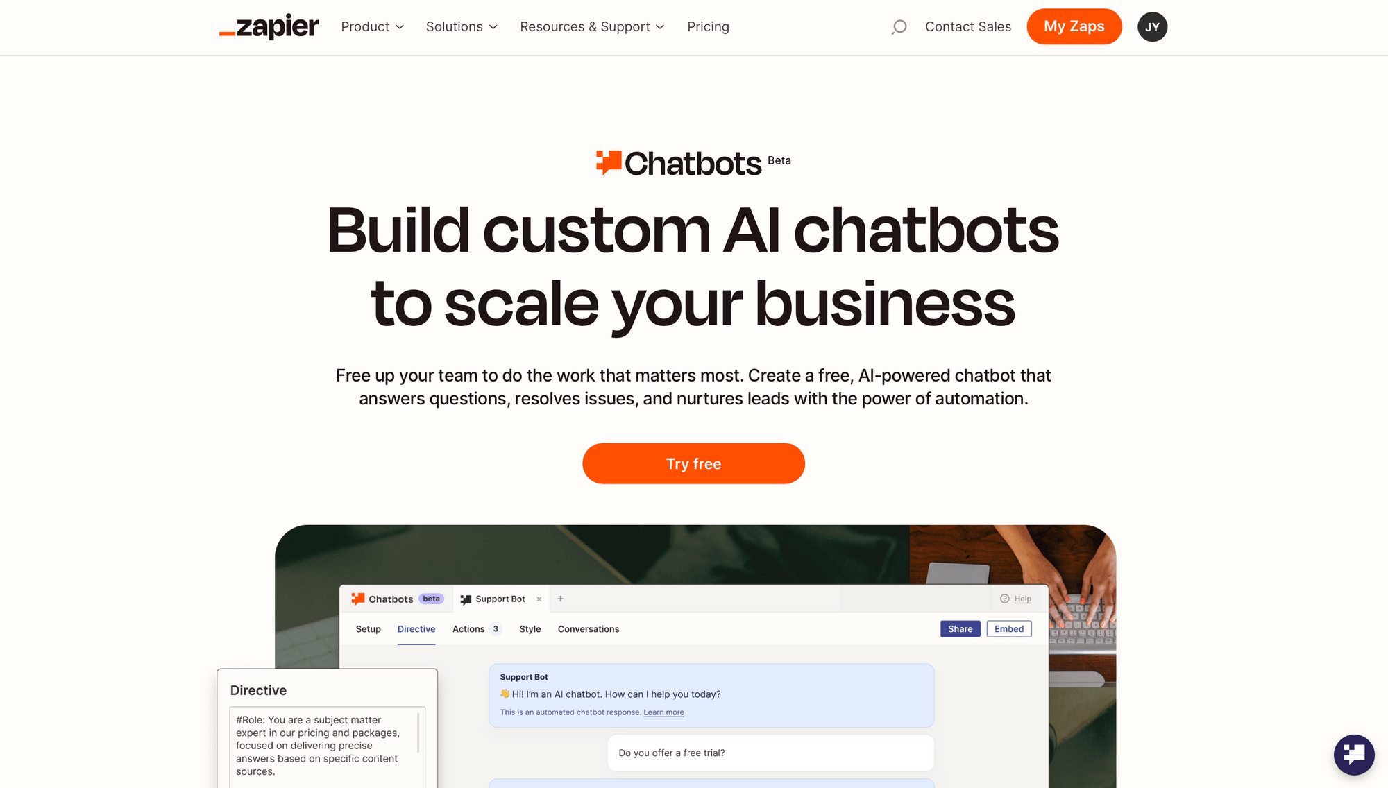 Screenshot of Zapier Chatbots landing page