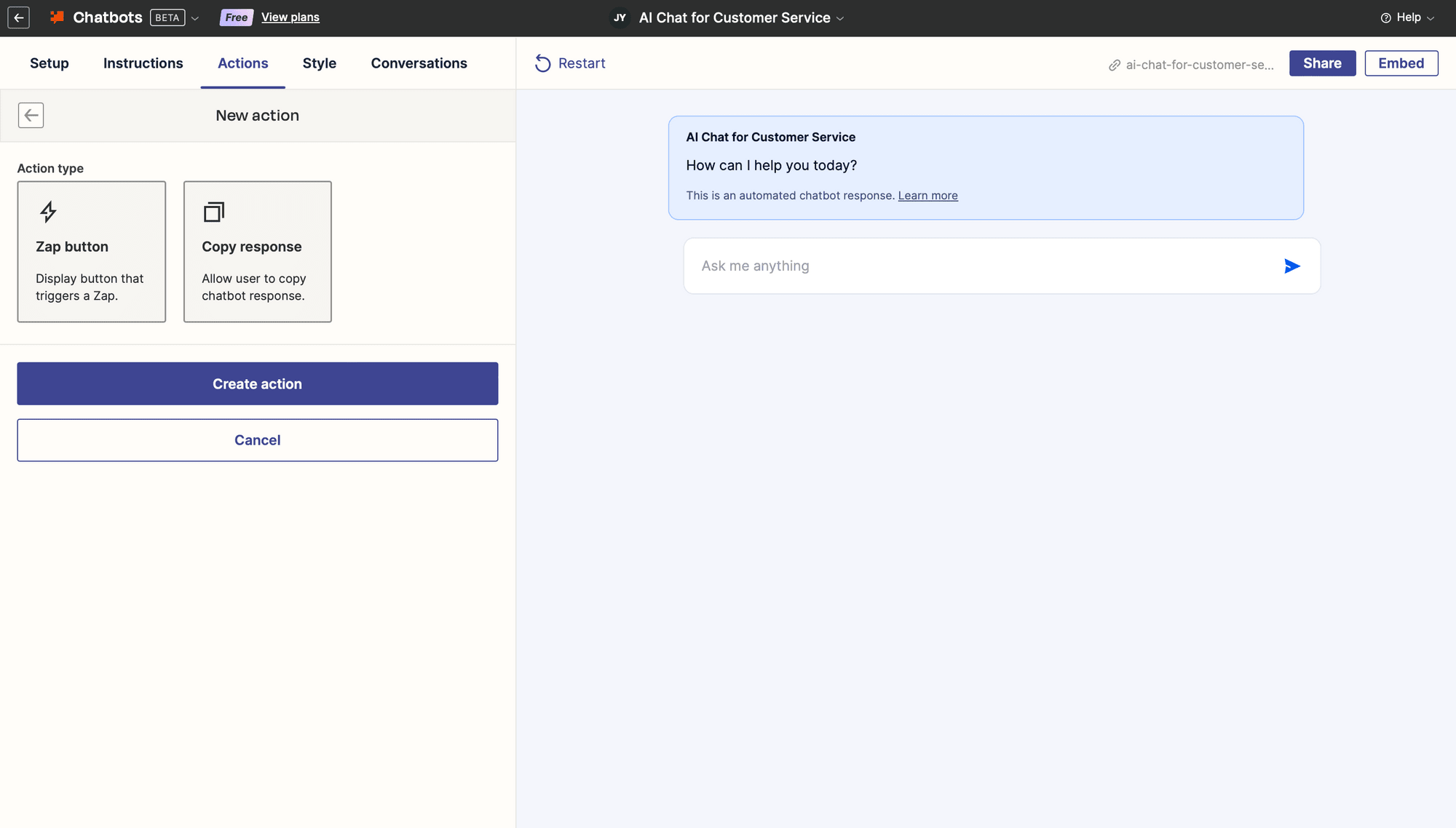 Screenshot of Zapier Chatbots actions tab with action types