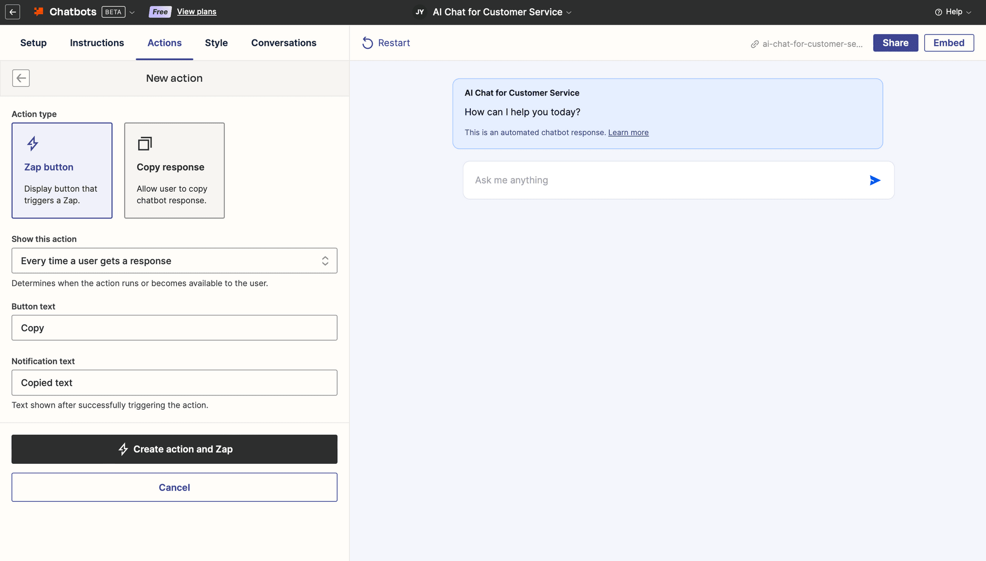 Screenshot of Zapier Chatbots actions tab zap button type