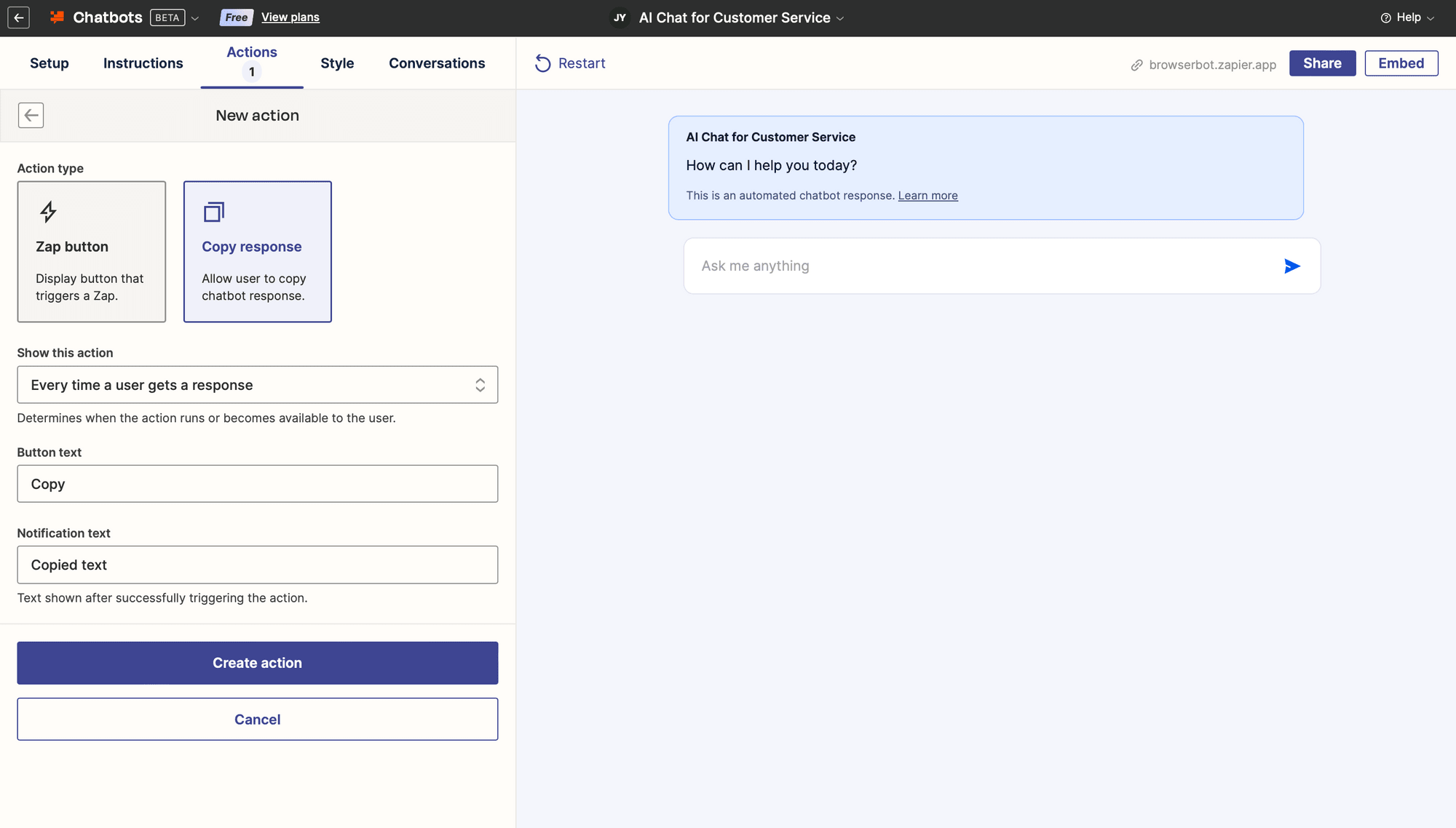 Screenshot of Zapier Chatbots actions tab copy response type