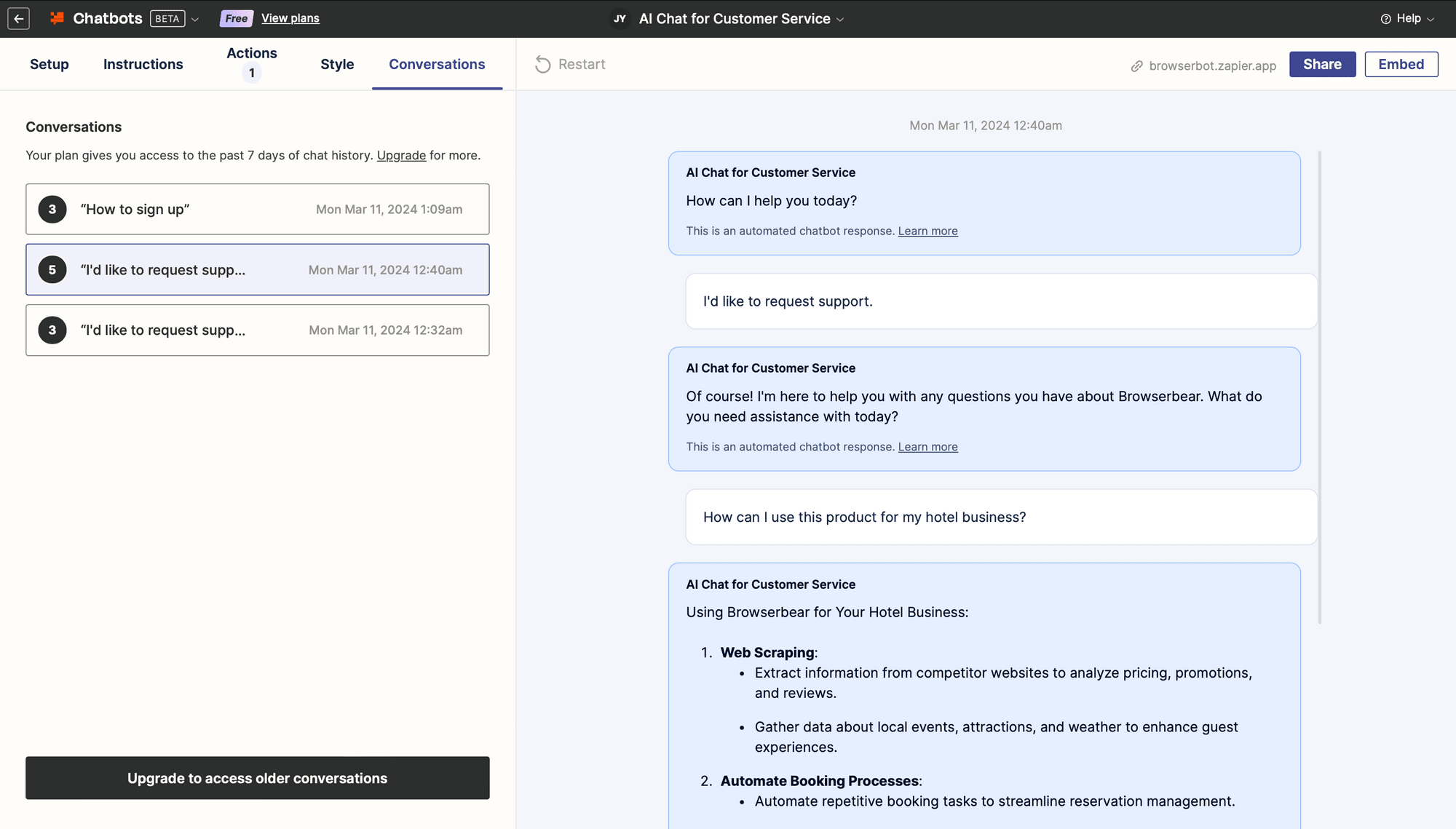 Screenshot of Zapier Chatbots conversations tab