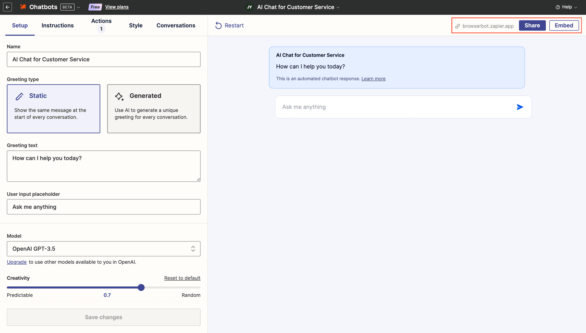 Screenshot of Zapier Chatbots editor with red box around sharing options