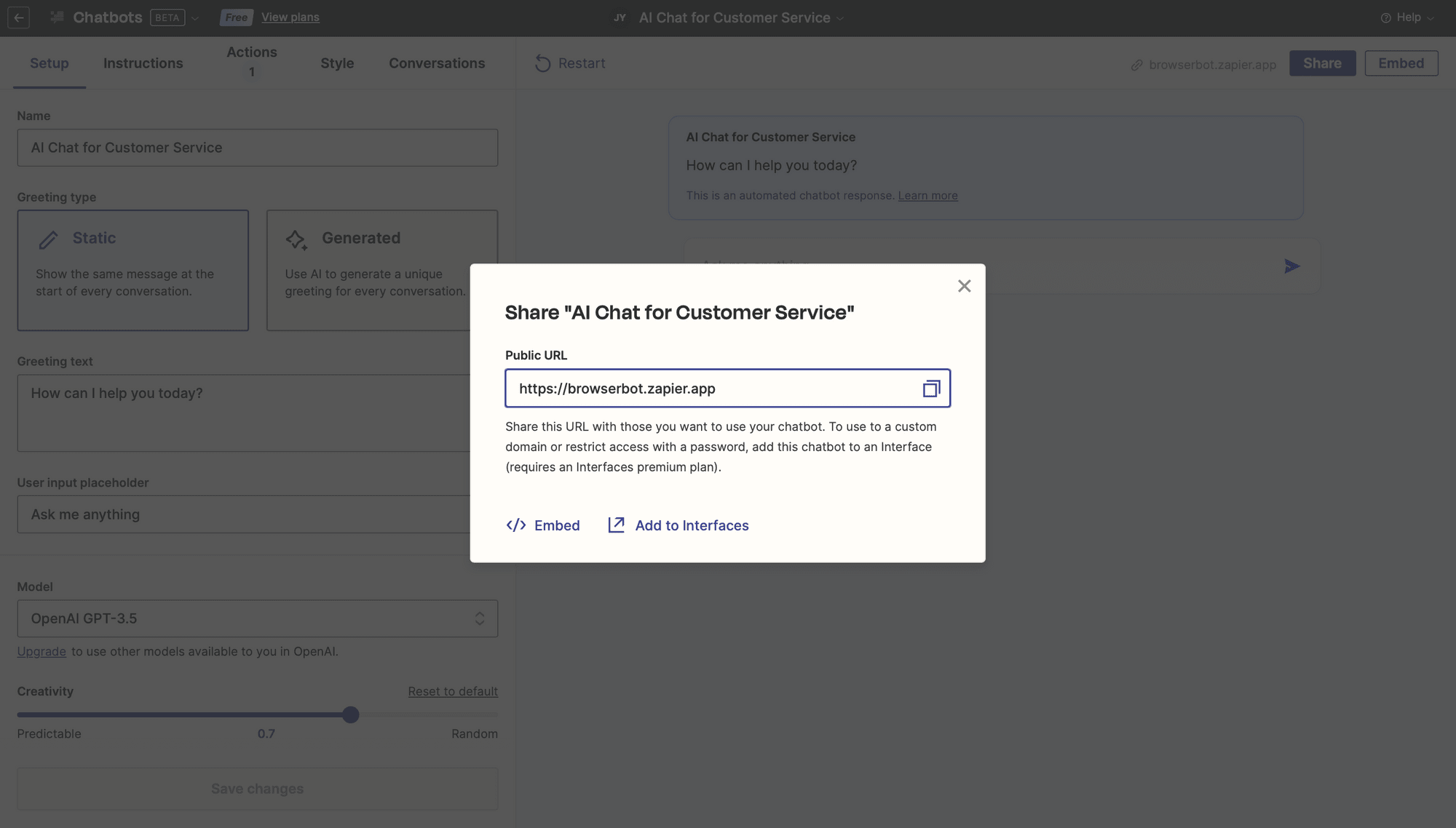 Screenshot of Zapier Chatbots sharing options dialog box