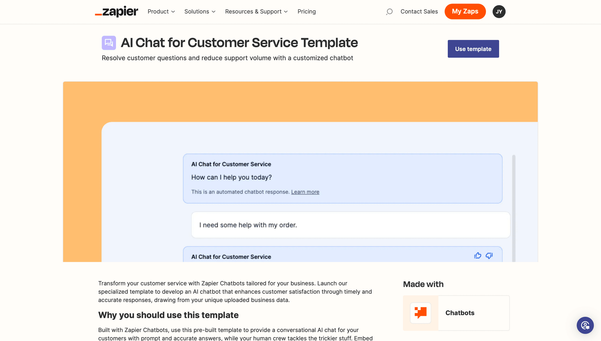 Screenshot of Zapier Chatbots customer service template