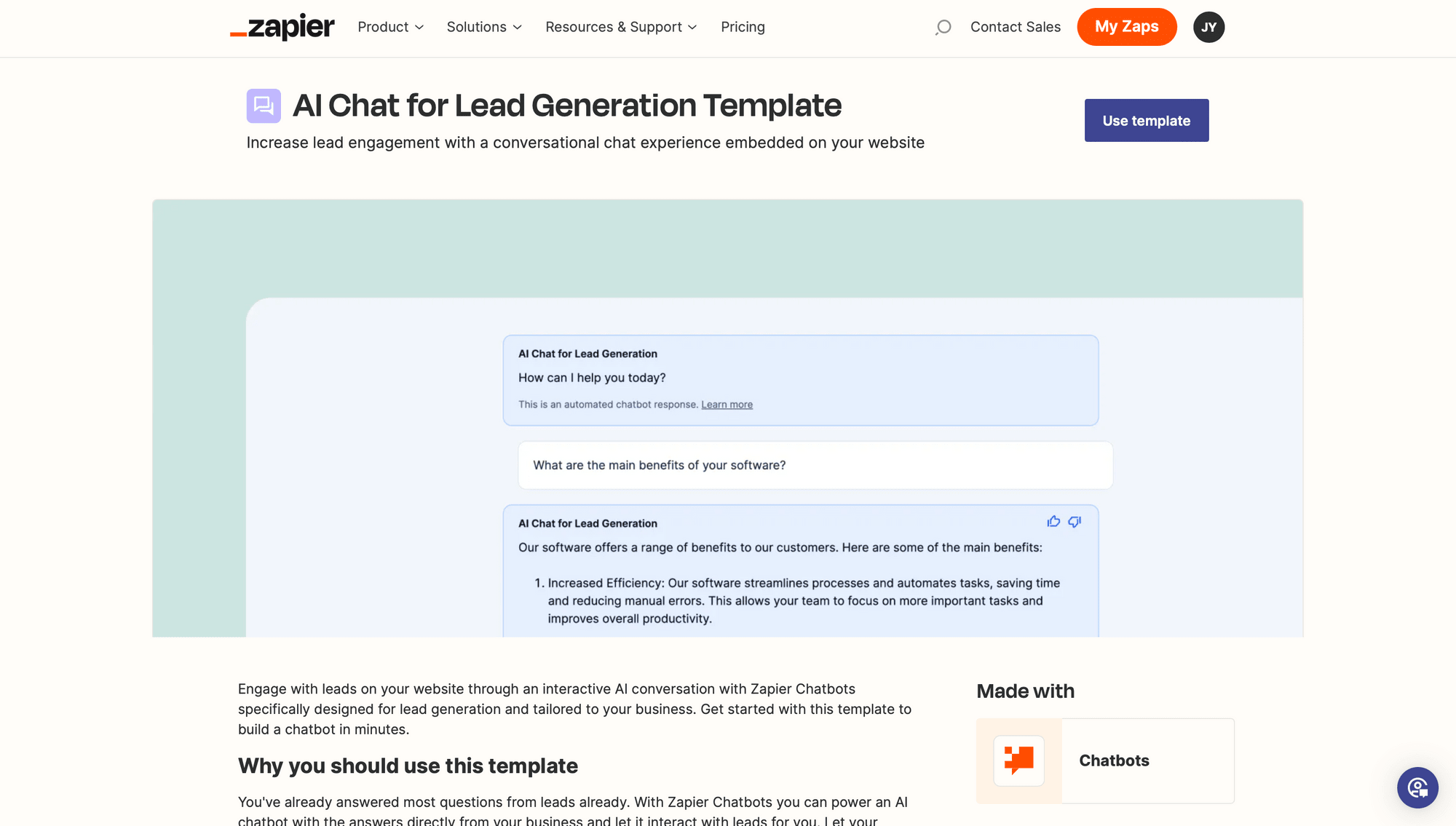 Screenshot of Zapier Chatbots lead generation template