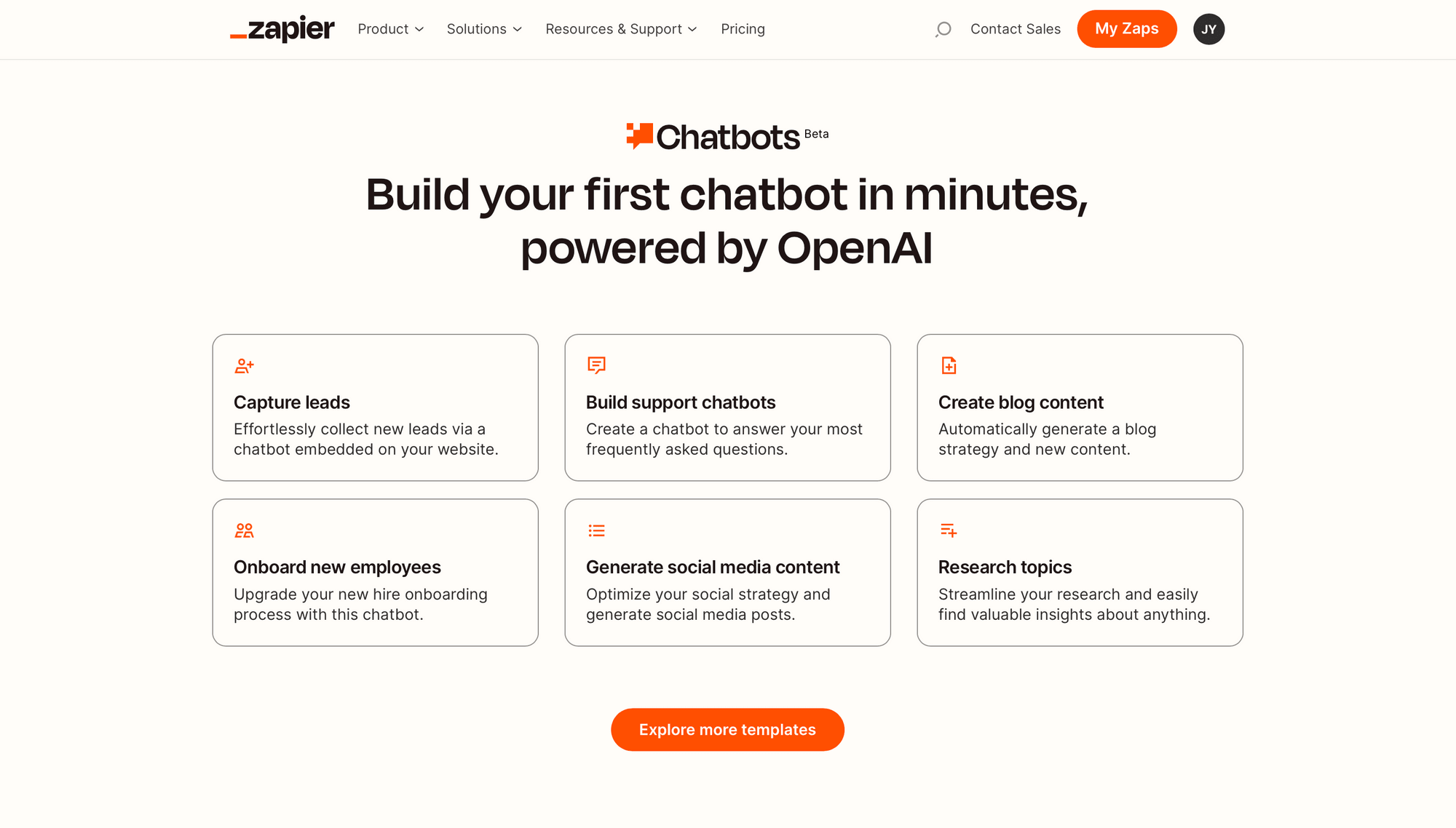 Screenshot of Zapier Chatbots landing page template examples