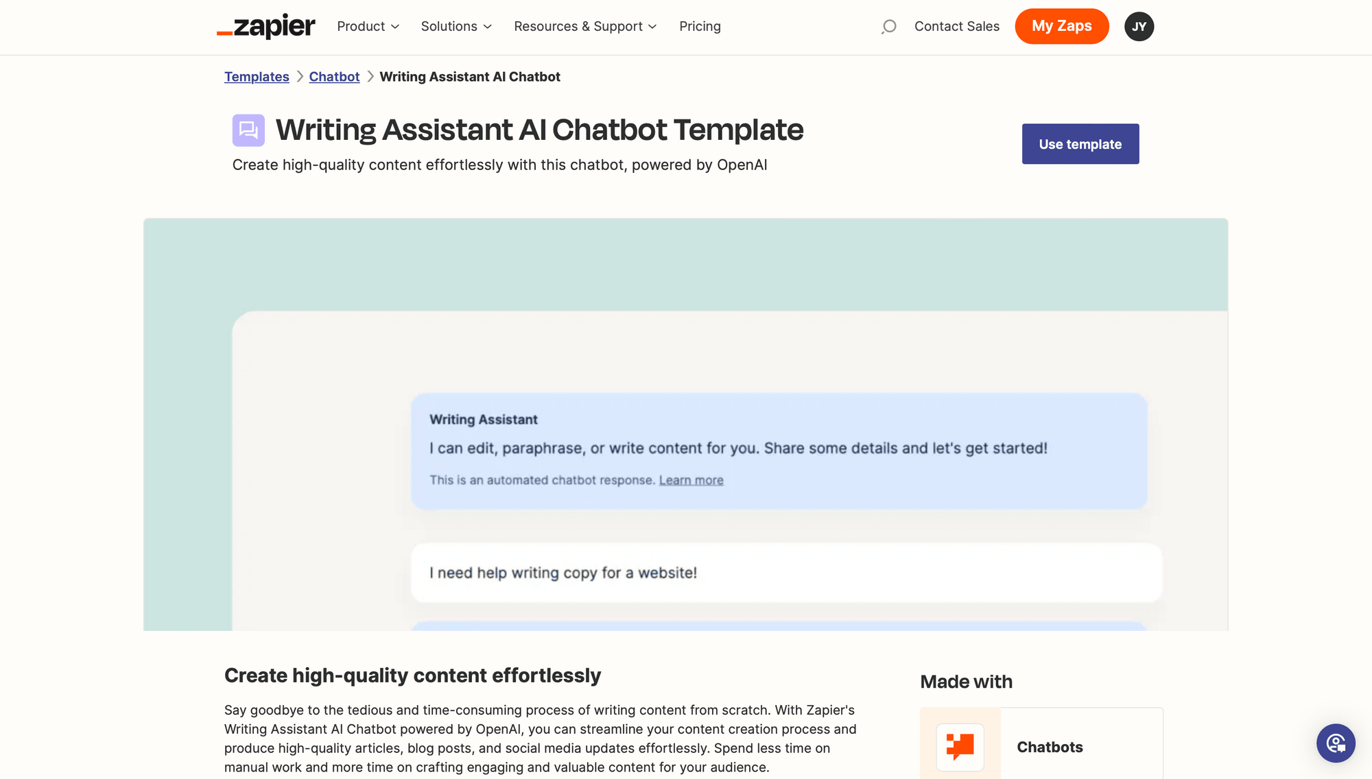 Screenshot of Zapier Chatbots writing assistant template
