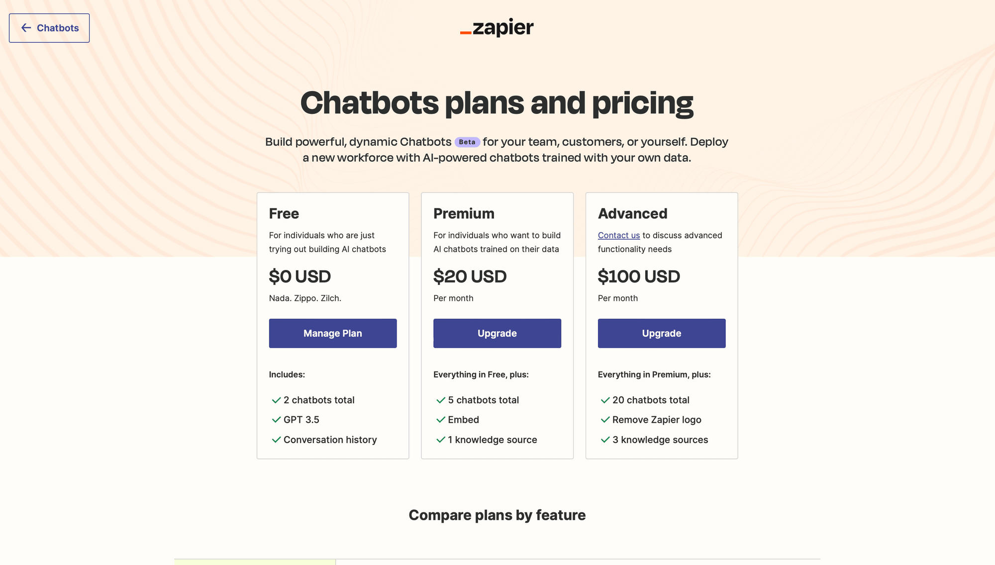 Screenshot of Zapier Chatbots pricing page