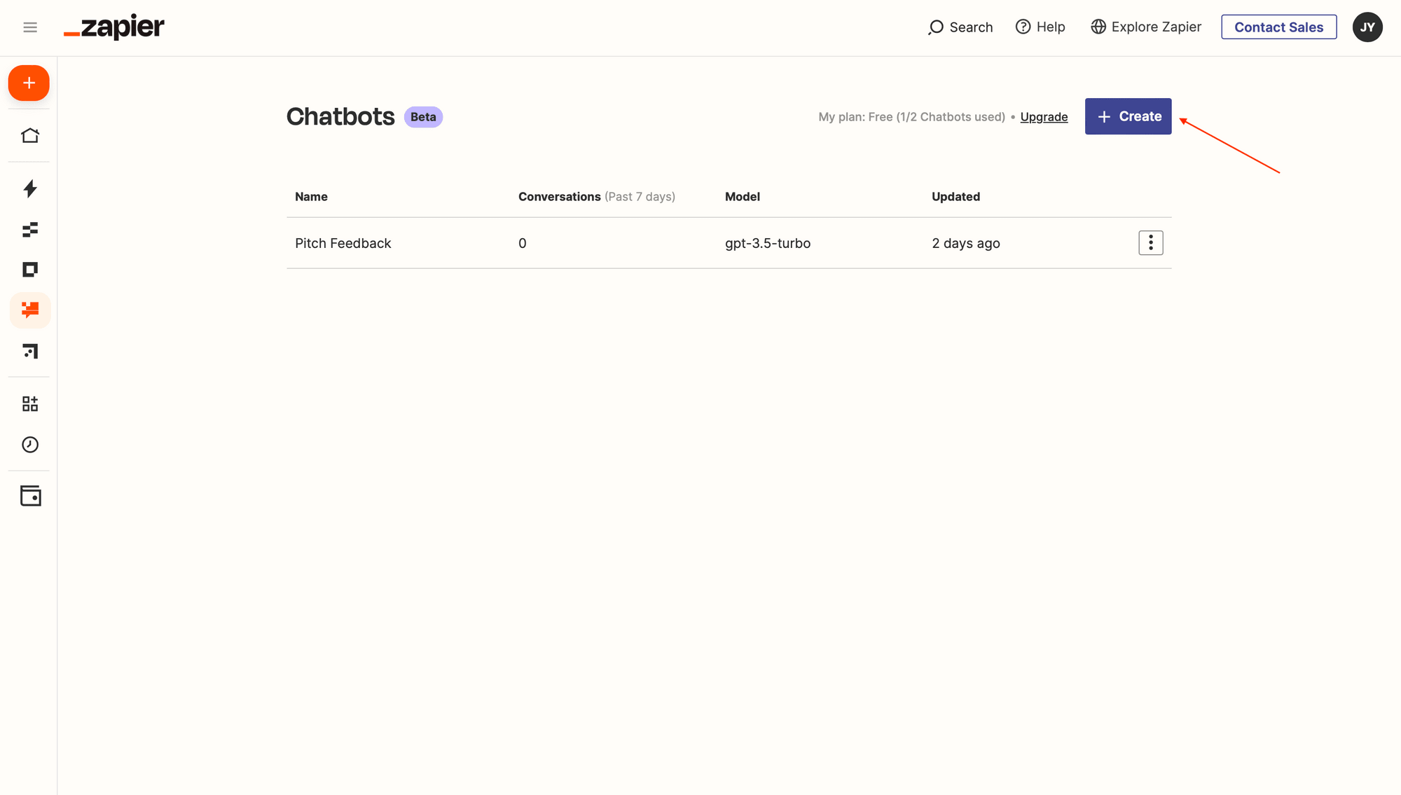 Screenshot of Zapier Chatbots home page with red arrow pointing to + Create
