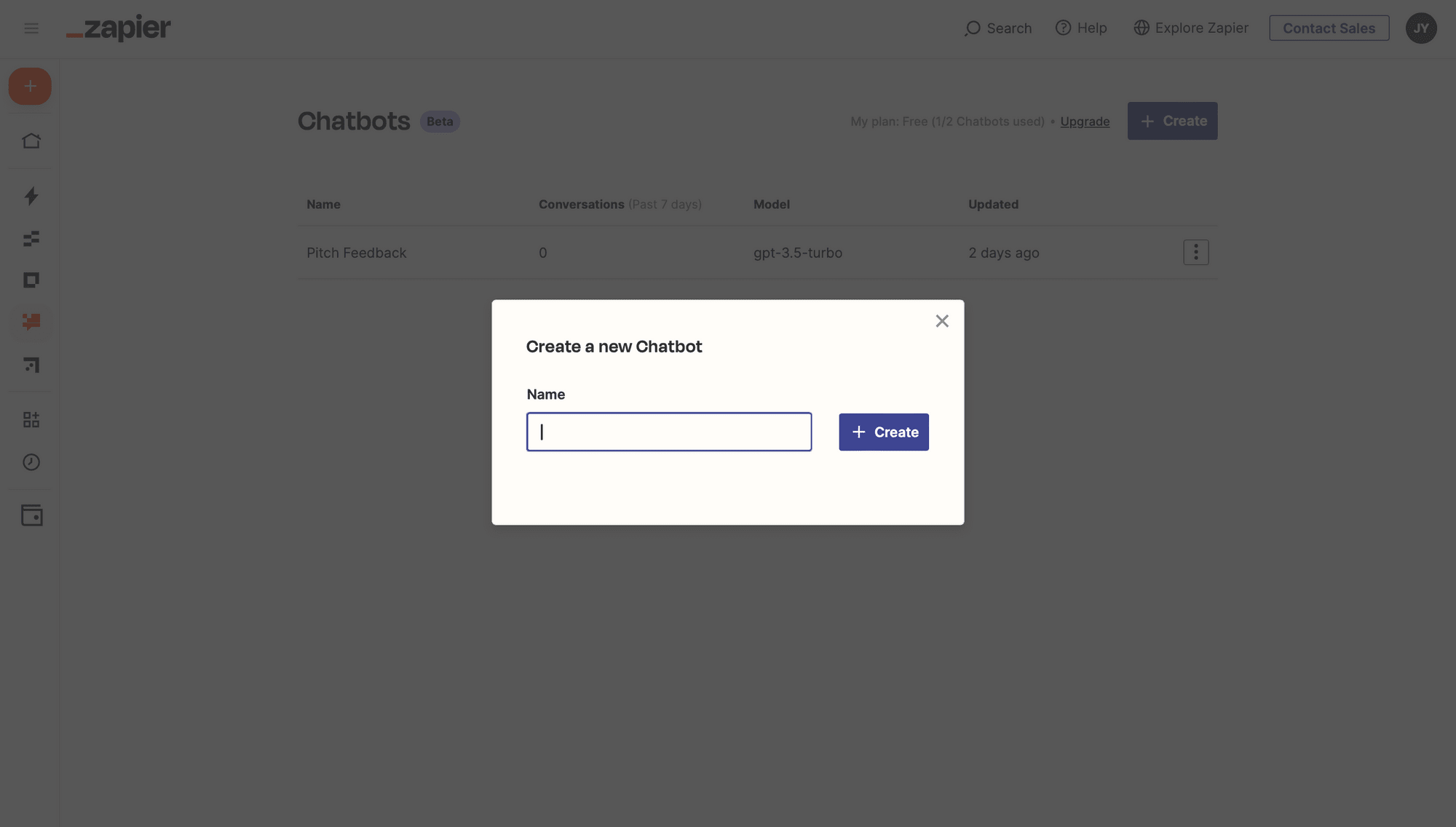 Screenshot of Zapier Chatbot name dialog box