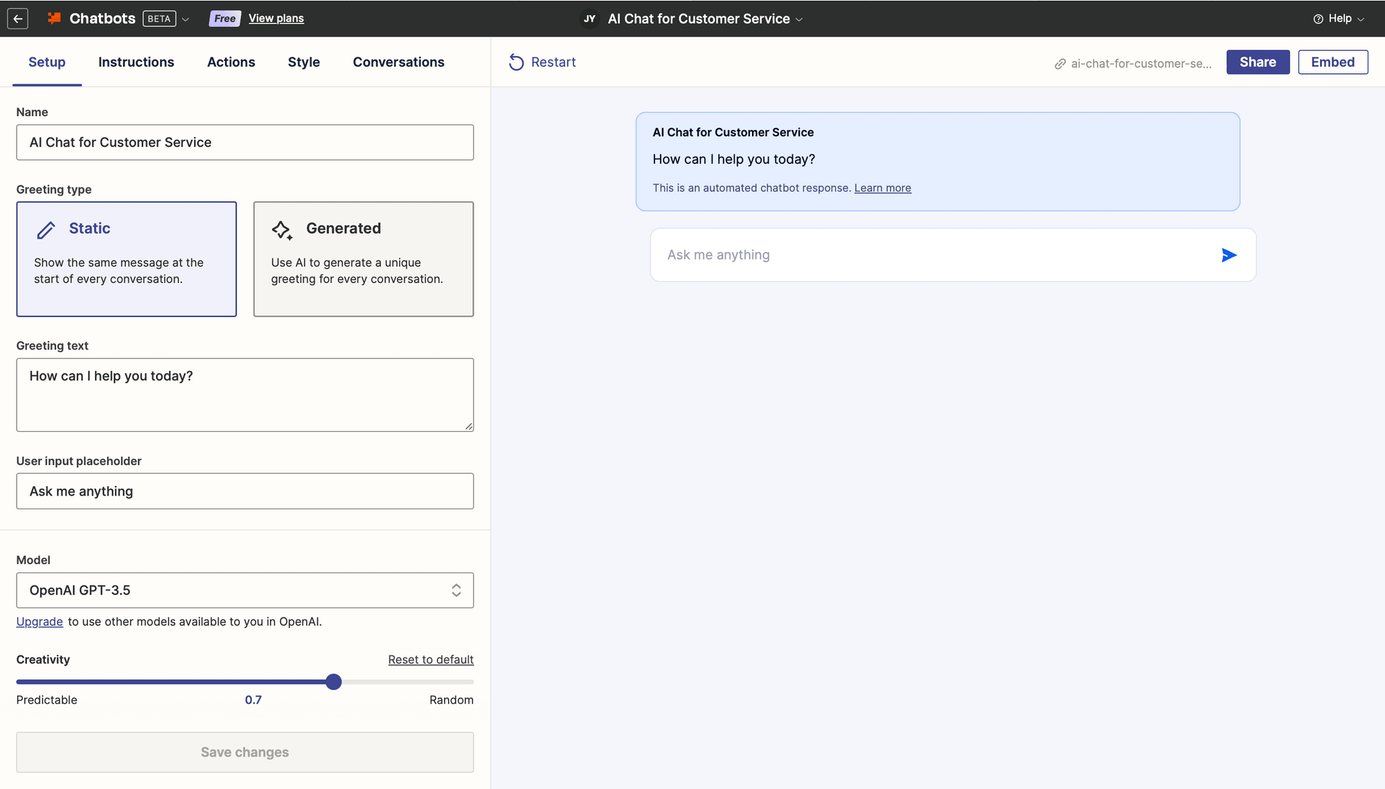 Screenshot of Zapier Chatbots setup tab