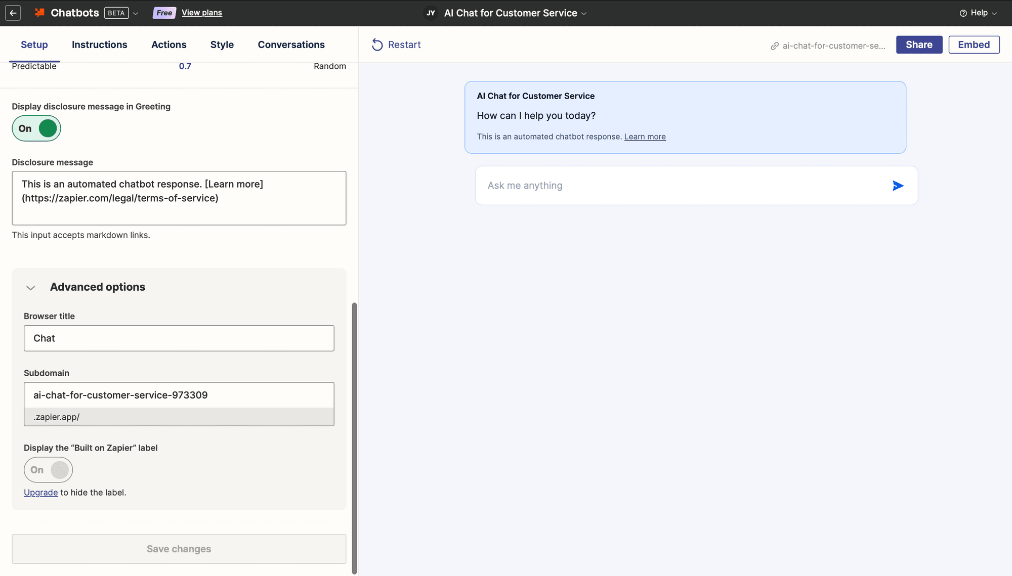 Screenshot of Zapier Chatbots setup tab advanced options