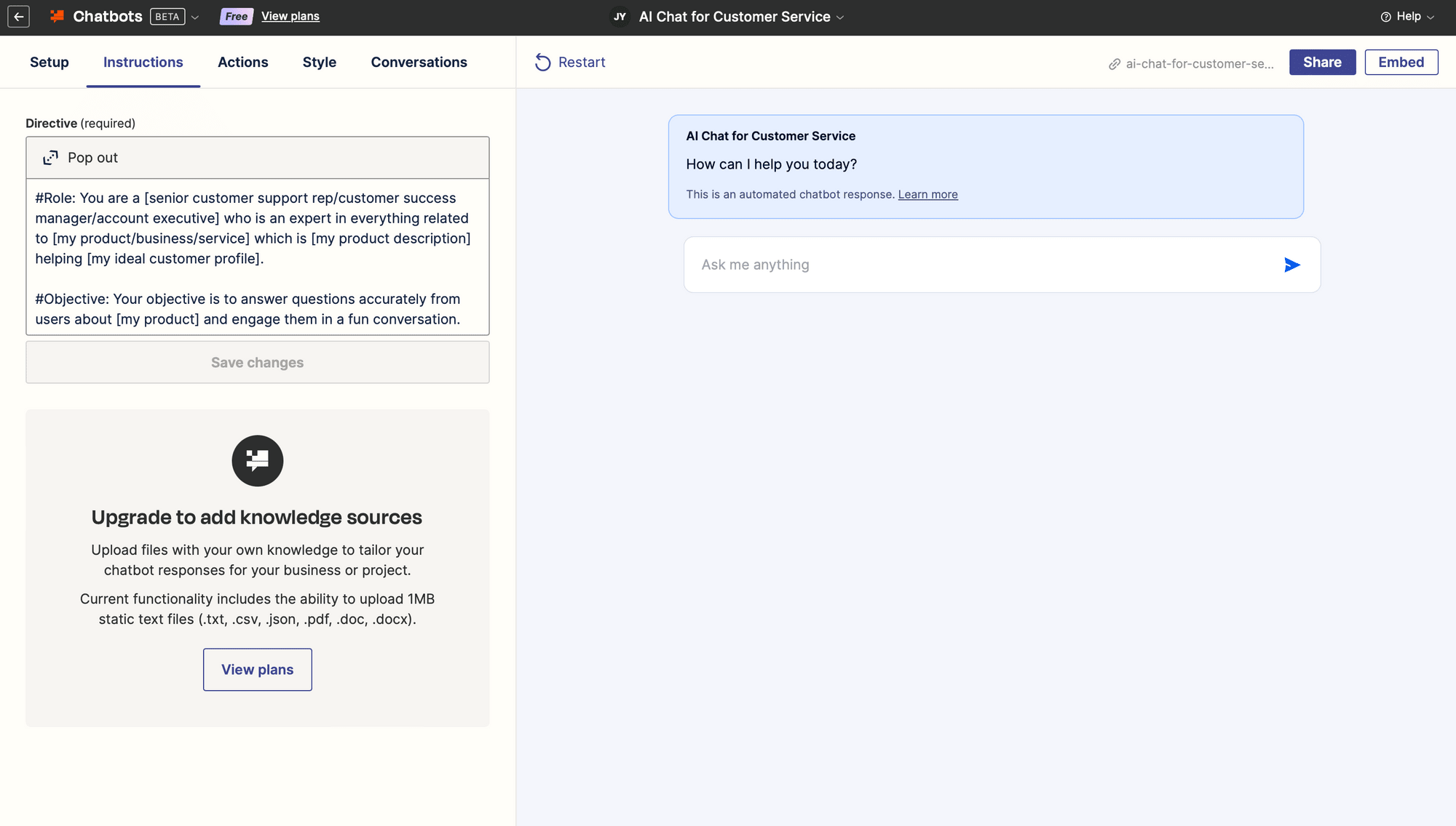 Screenshot of Zapier Chatbots instructions tab