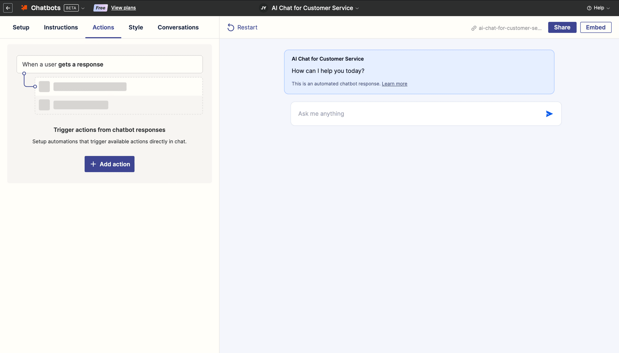 Screenshot of Zapier Chatbots actions tab