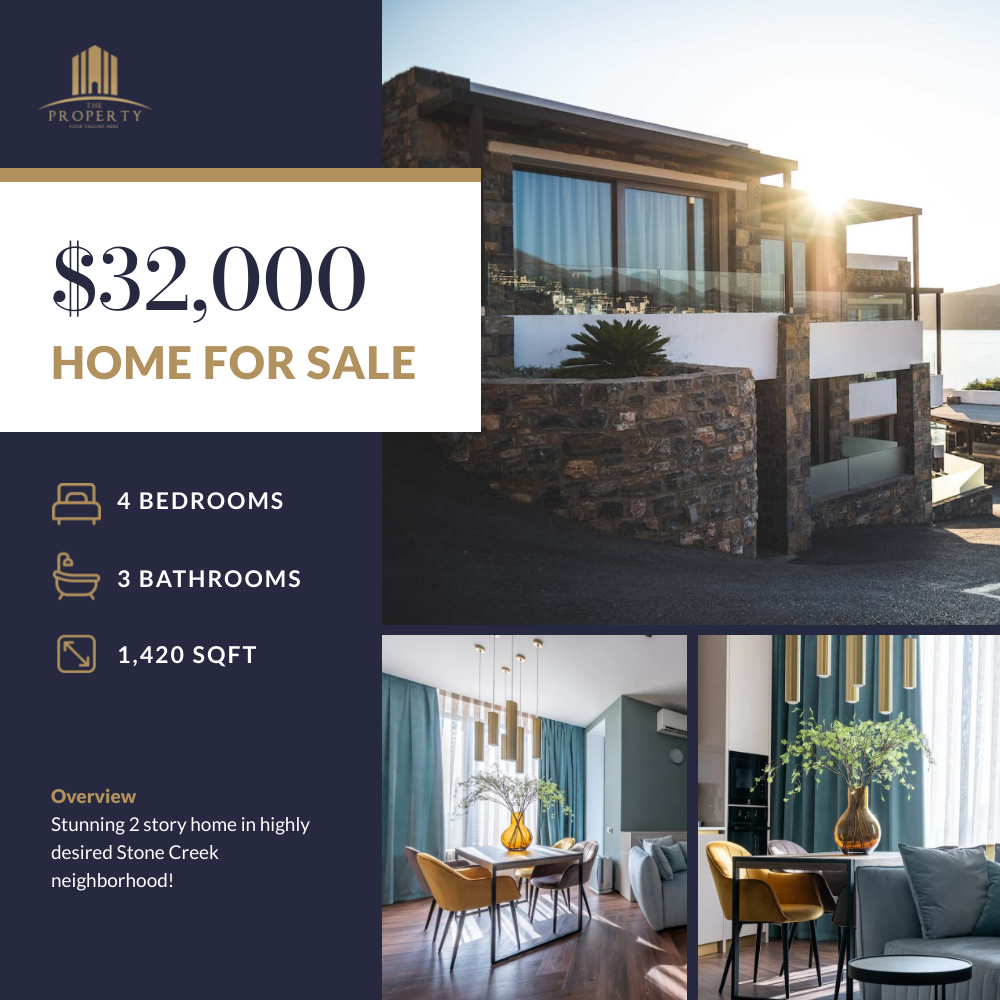 Bannerbear Blue Gold Modern Elegant Photo Collage Real Estate Listing Instagram Post template