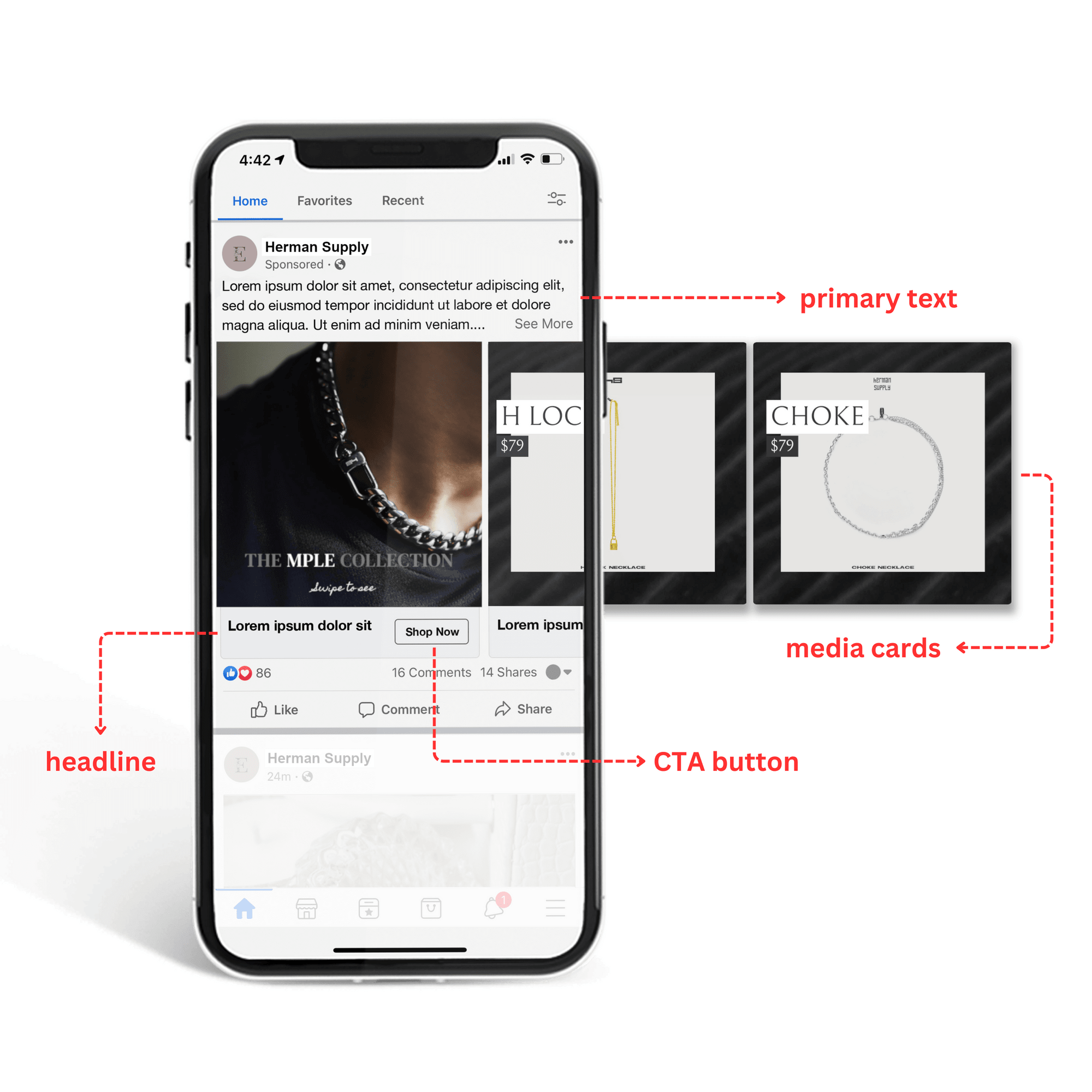 Facebook carousel ad graphic with fields indicated in red