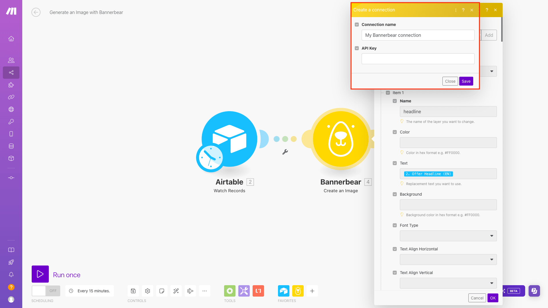 Screenshot of Make scenario editor with Bannerbear connection setup outlined in red