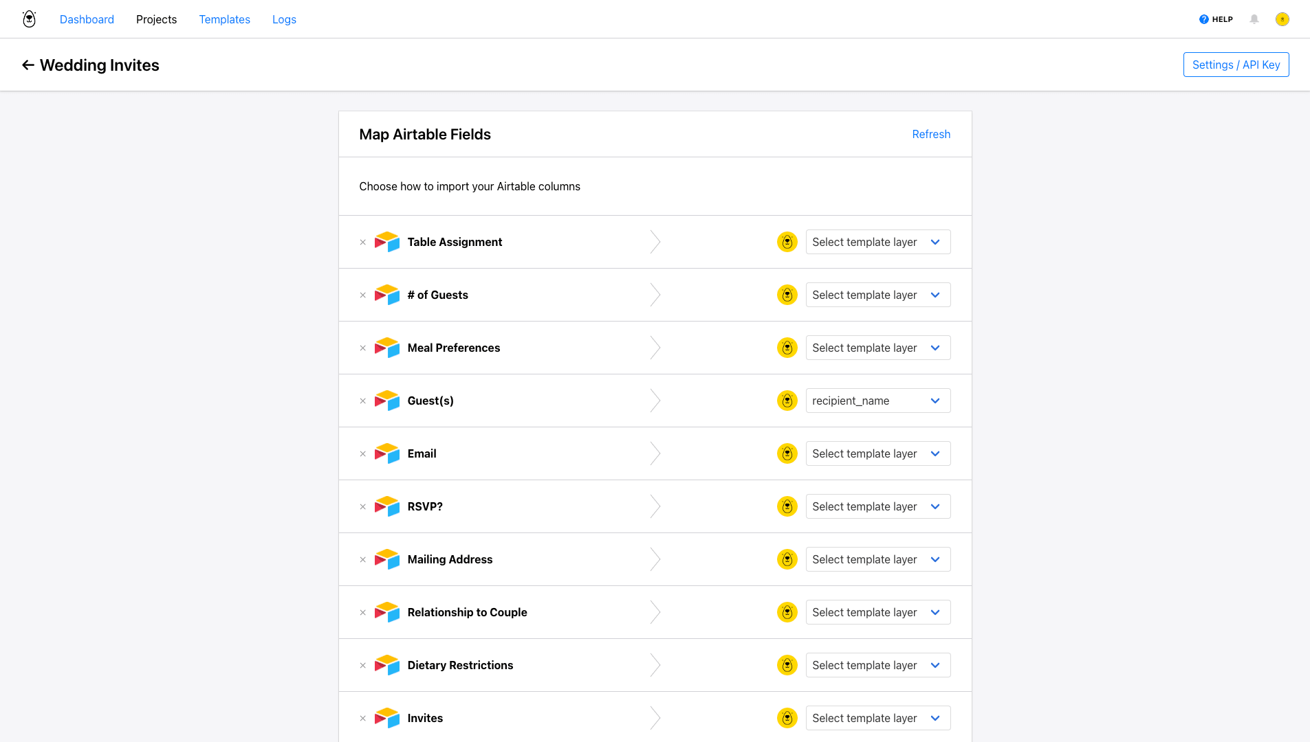 Screenshot of Bannerbear Airtable integration field mapping