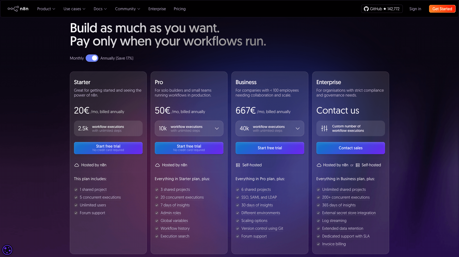 Screenshot of n8n pricing page
